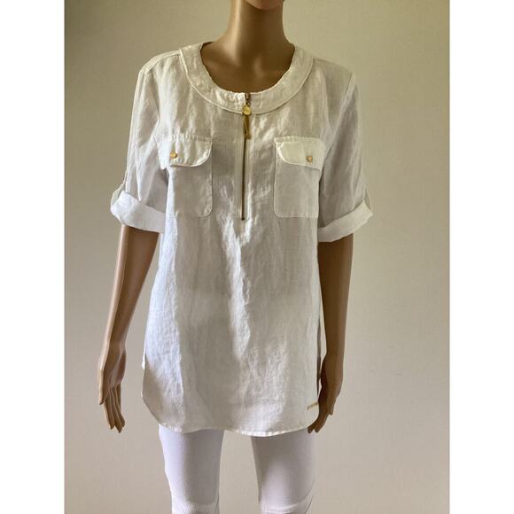 Ellen Tracy white 100% linen round neckline quarter-zip closure gold accents M - Picture 1 of 7